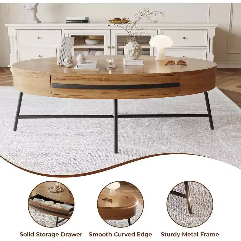 Table basse ovale Acekool avec tiroir, table de rangement en bois 120 cm avec pieds en métal croisés, table basse de style moderne du milieu du siècle en saule naturel et doré