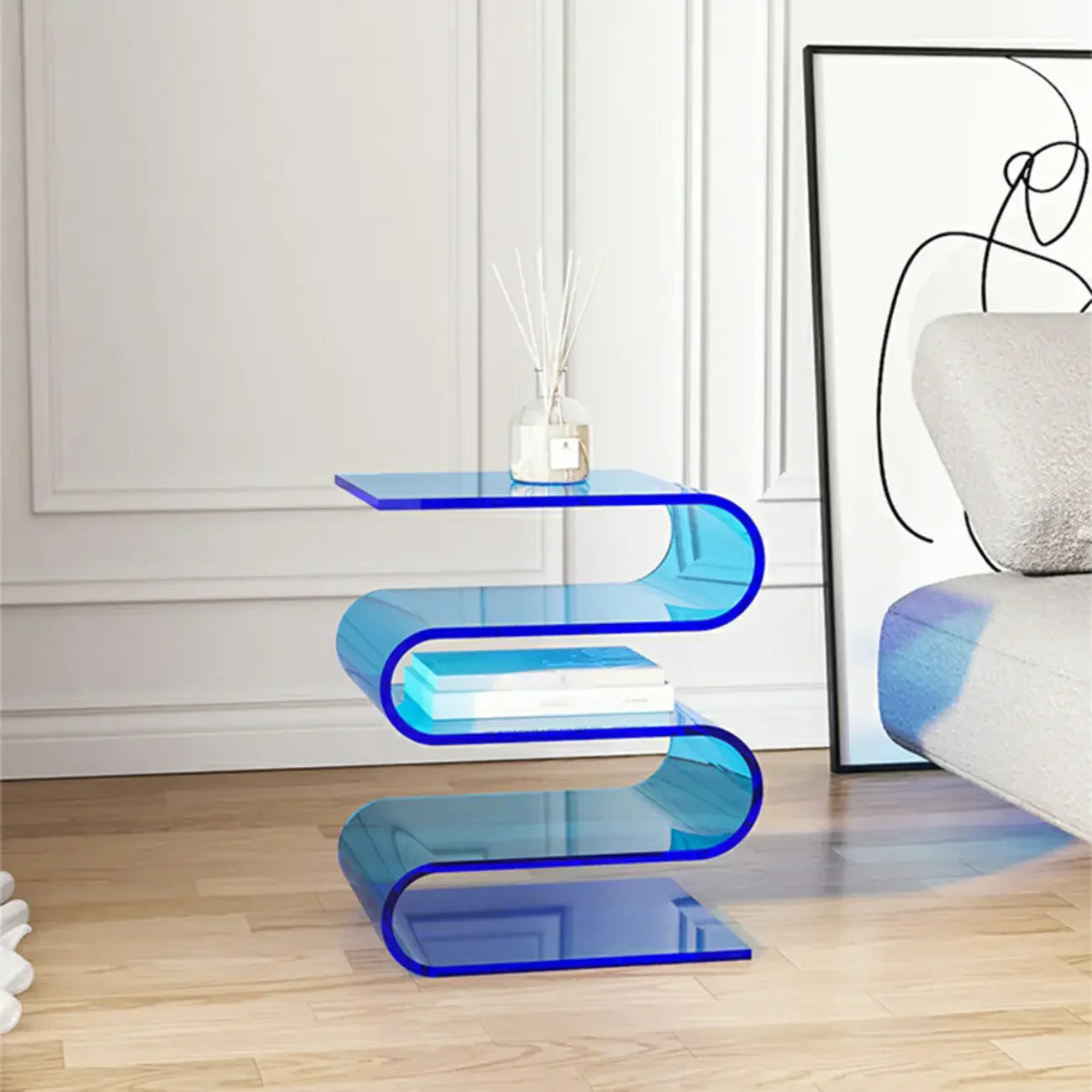 Table d'appoint contemporaine en acrylique en forme de S avec rangement