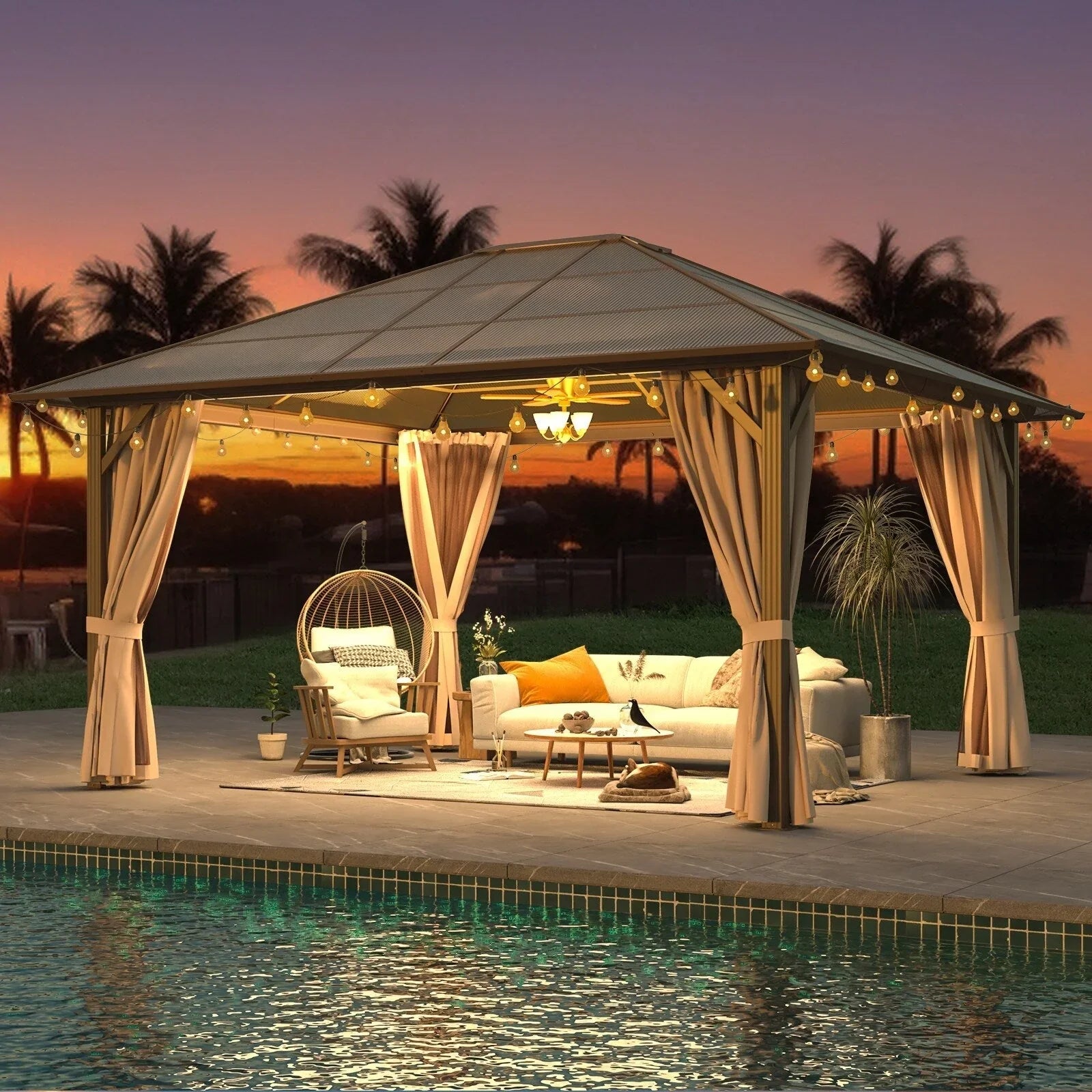 Tonnelle EROMMY à toit rigide, pergola extérieure avec double toit, moustiquaire et rideaux, auvent robuste pour patio, jardin, fête au bord de la piscine