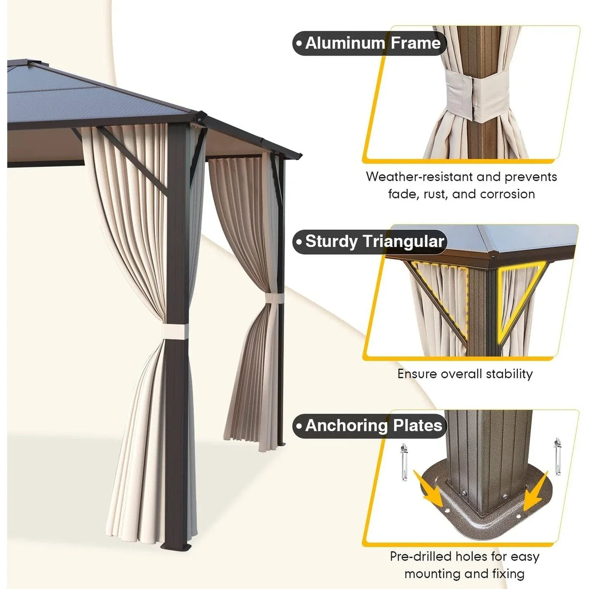 Tonnelle EROMMY à toit rigide, pergola extérieure avec double toit, moustiquaire et rideaux, auvent robuste pour patio, jardin, fête au bord de la piscine