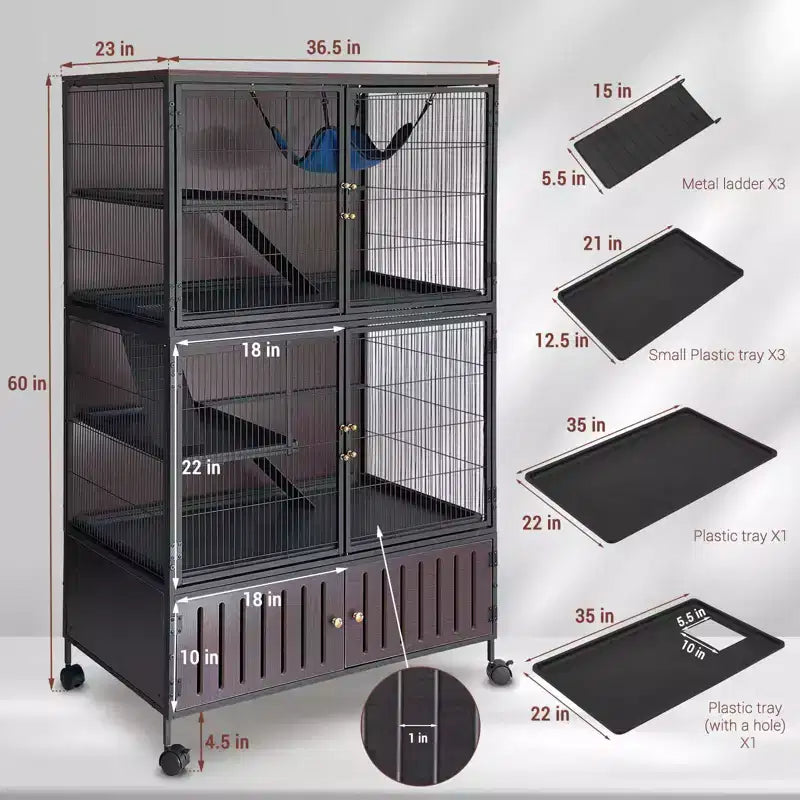 Grande Cage pour Petits Animaux, Cage à Furets - Habitat à 5 Niveaux de 150 cm avec Armoire de Rangement, Comprend Hamac/Roues/Rampes Amovibles/Plateaux Faciles à Nettoyer
