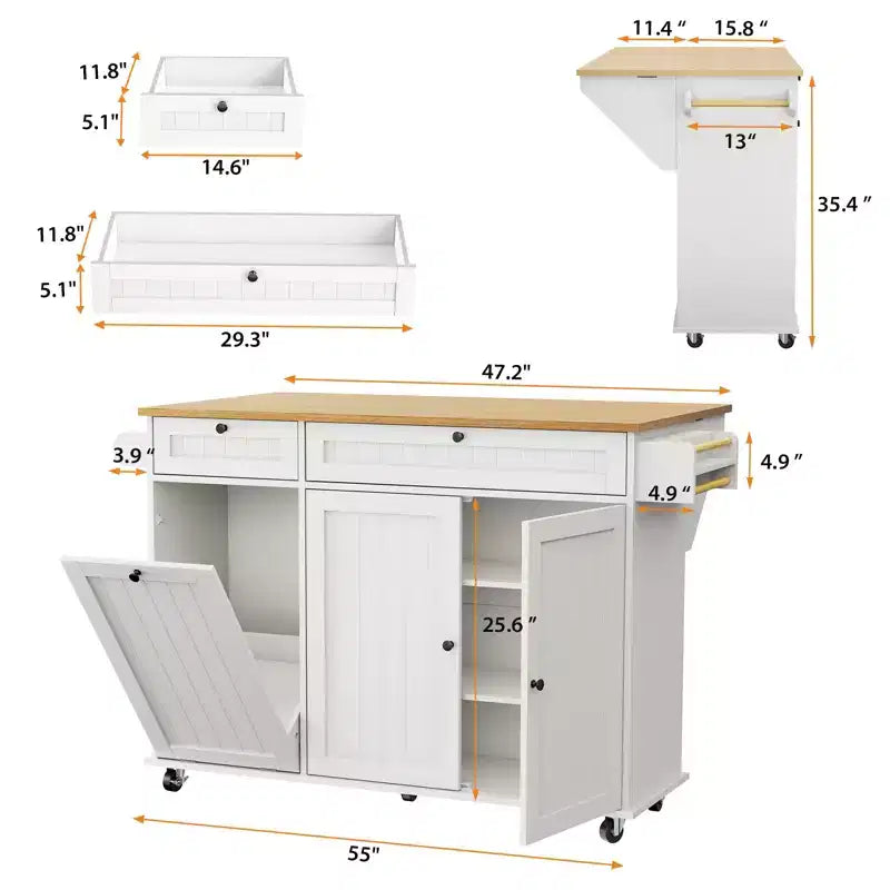 Table îlot mobile 55 avec prise de courant et abattant, chariot de cuisine roulant avec poubelle intégrée pour cuisine