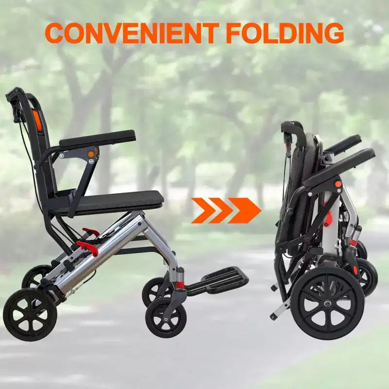Fauteuil roulant de transport ultra-léger pour personnes âgées, fauteuil de transport pliable et portable, avec frein à main verrouillable et accoudoirs escamotables amovibles