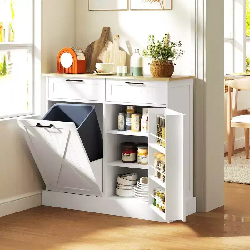 Meuble poubelle coulissant HOMCOM avec tiroirs, meuble de cuisine de style campagnard avec poubelle cachée pour la cuisine