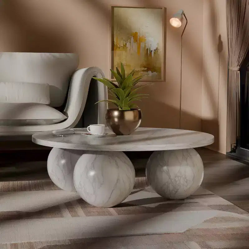 Table basse ronde en marbre avec pieds sphériques, multicolore, 4 places