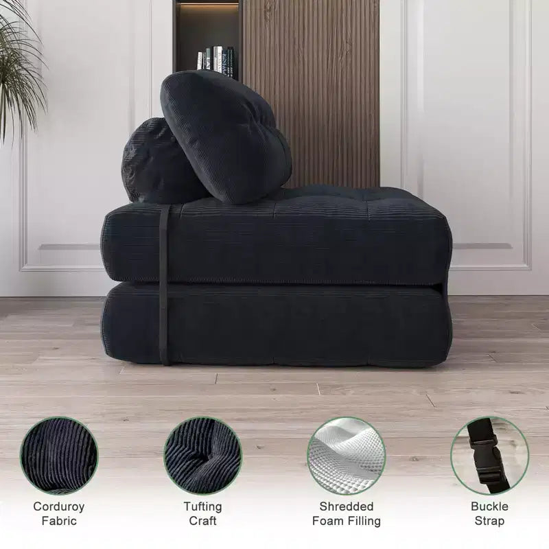 Canapé-lit futon pliant entièrement en velours côtelé, chaise de couchage convertible au sol avec oreiller et dossier