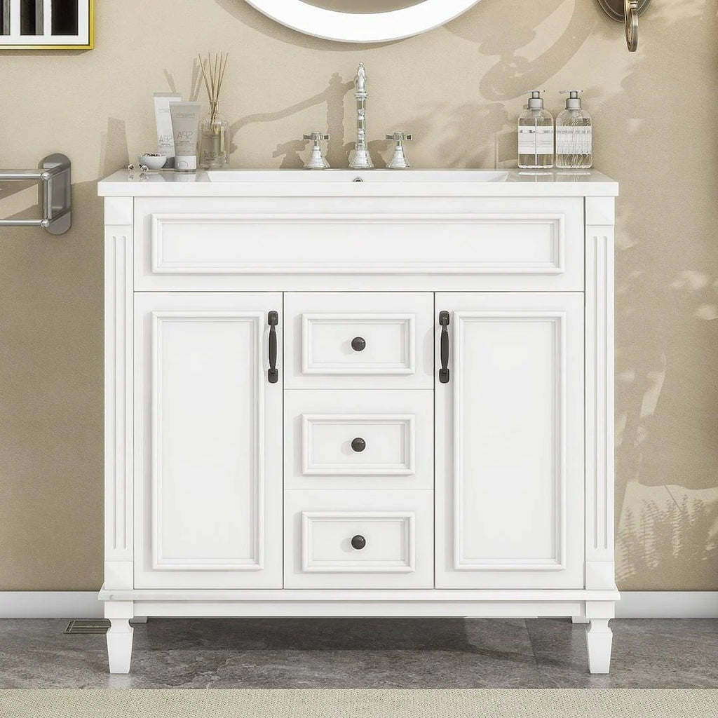 Meuble-lavabo de salle de bain moderne de 91 cm avec lavabo et armoire de toilette, 2 portes et 2 tiroirs