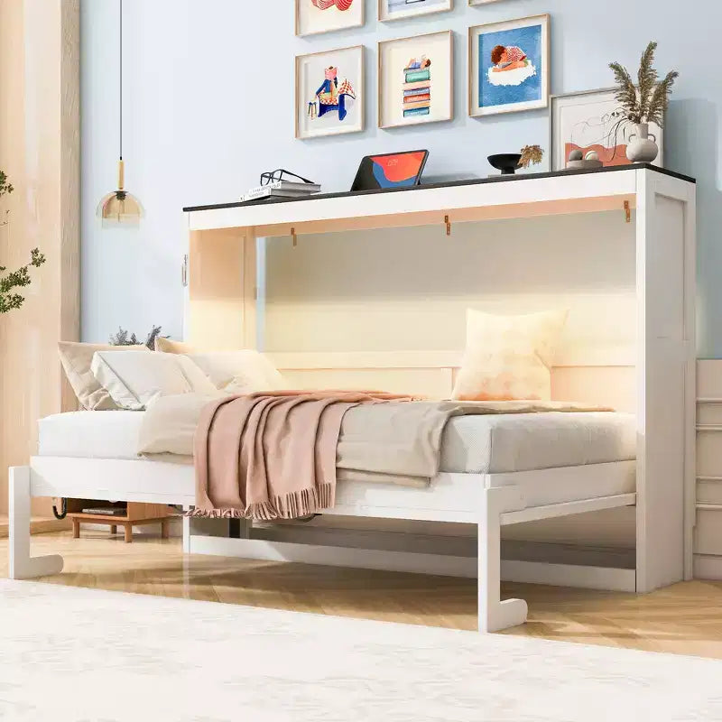 Lit escamotable double avec éclairage LED, peut être plié en armoire, armoire-lit murale dissimulée pour chambre d'amis