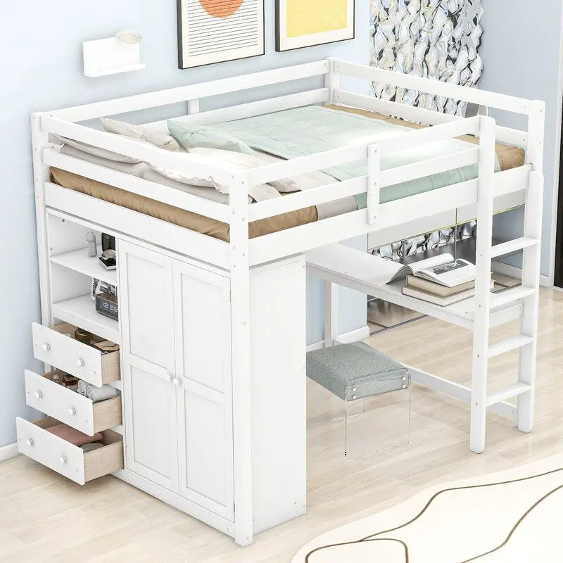 Lit mezzanine en bois pleine grandeur avec armoire intégrée, bureau, étagères de rangement et tiroirs