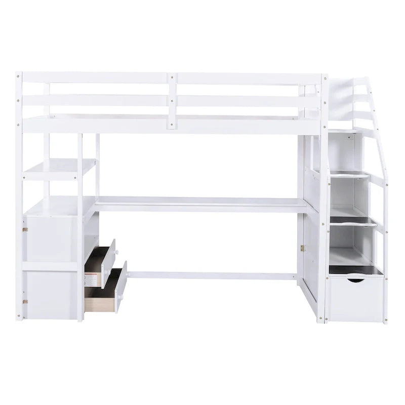 Lit mezzanine taille jumeau avec bureau et étagères, deux tiroirs intégrés, escalier de rangement