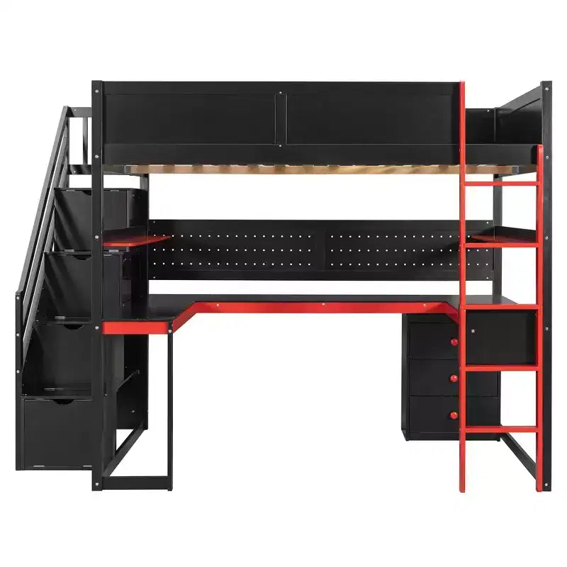 Lit mezzanine GDFStudio Scott en bois avec escalier de rangement, bureau, étagères et panneau perforé