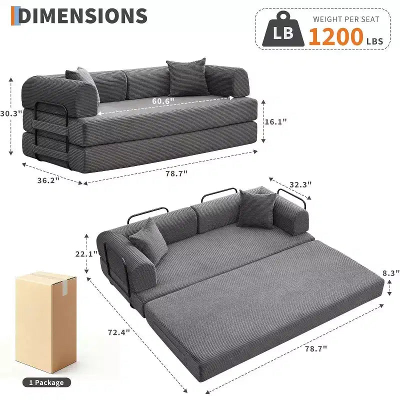 Canapé-lit convertible 2 en 1, canapé-lit pliant en velours côtelé confortable avec assise profonde et accoudoirs larges, canapé sans armature, pour salon, appartements
