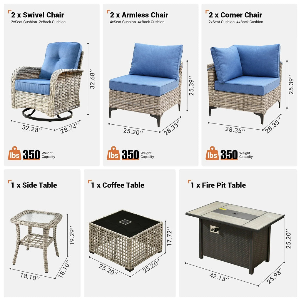 Ensemble de 9 chaises pivotantes en osier d'extérieur OVIOS avec table brasero