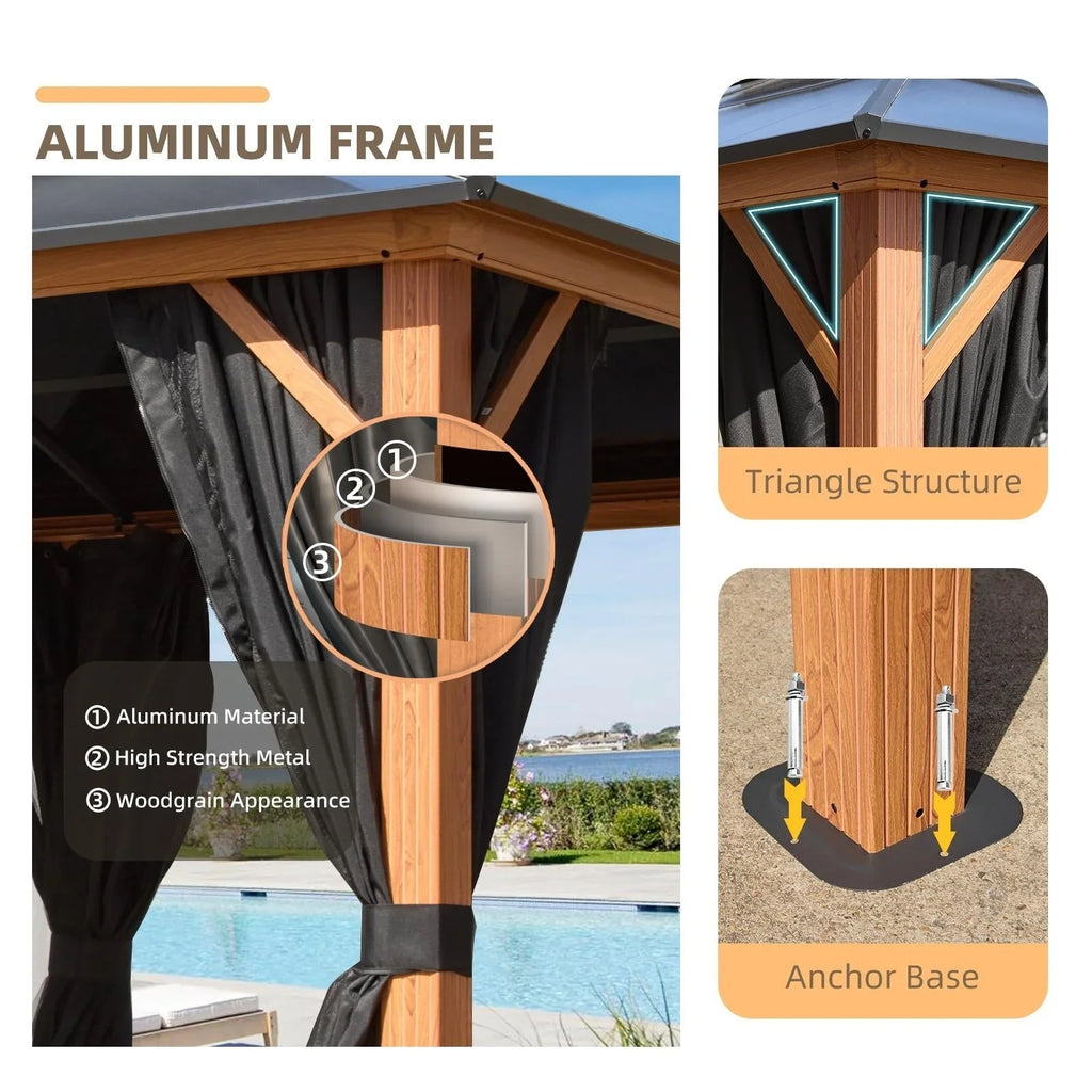 Tonnelle EROMMY à toit rigide, pergola extérieure avec double toit, moustiquaire et rideaux, auvent robuste pour patio, jardin, fête au bord de la piscine