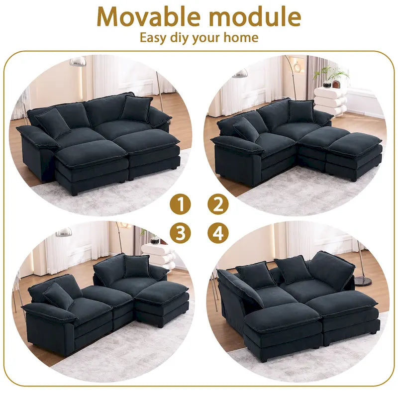 Canapé 2 places avec 2 coussins de siège, 2 oreillers et 2 poufs, canapé confortable - Canapé profond de salon, canapé modulable