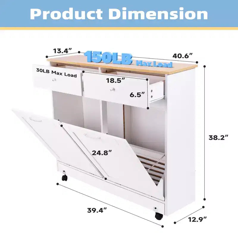 Meuble de cuisine EROMMY à double inclinaison avec 2 tiroirs, meuble poubelle avec rangement sur roulettes, blanc