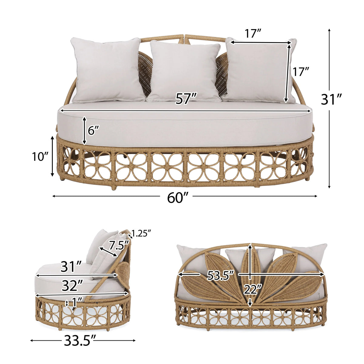 Canapé de jardin Homan en osier avec coussins, marron clair et beige