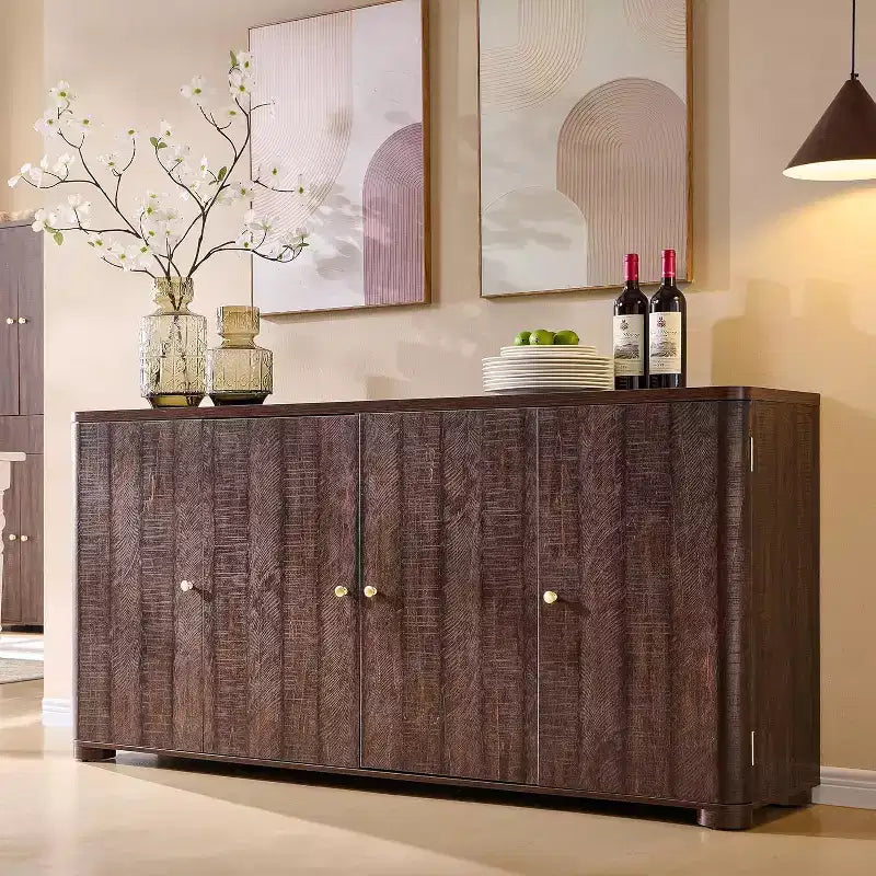 Buffet de cuisine avec 4 portes et étagères, grand buffet de rangement moderne, buffet de rangement de 66 po pour bar à café