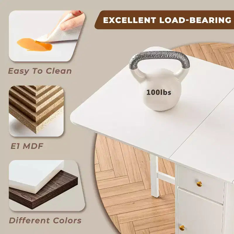 Table à manger pliante ATJafurn 59'' avec abattants pour petits espaces, table de cuisine rectangulaire en bois extensible avec roulettes et rangement