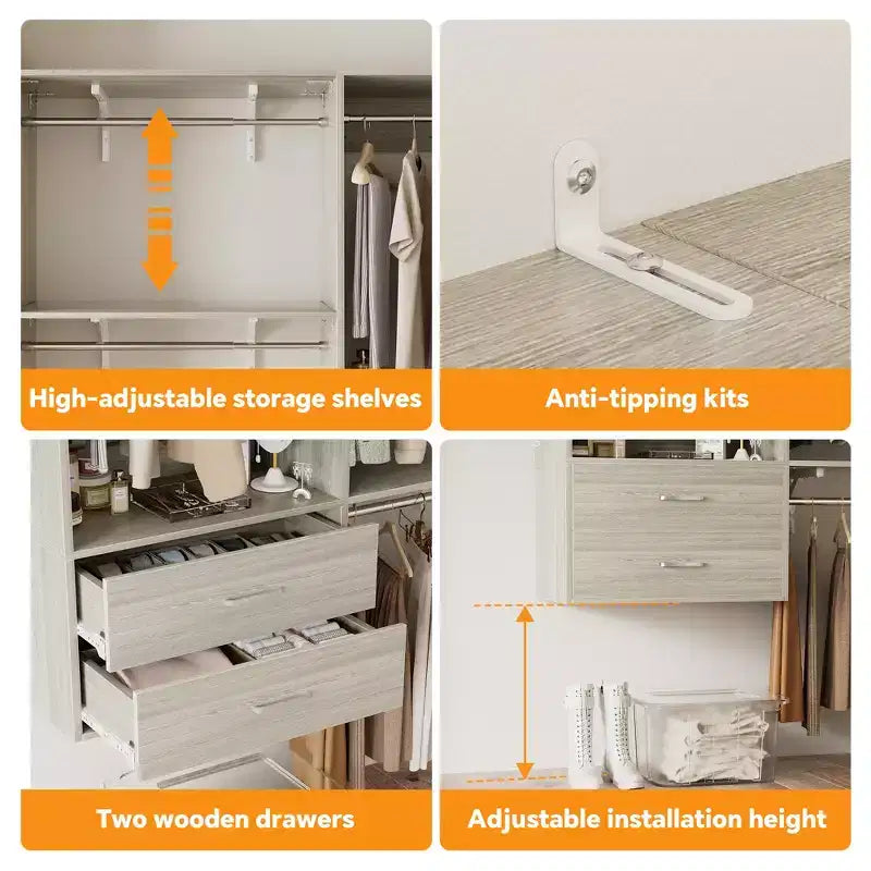 Armoire-dressing autoportante Besiost avec 8 tringles et tiroirs, organisateur de placard suspendu avec 10 étagères