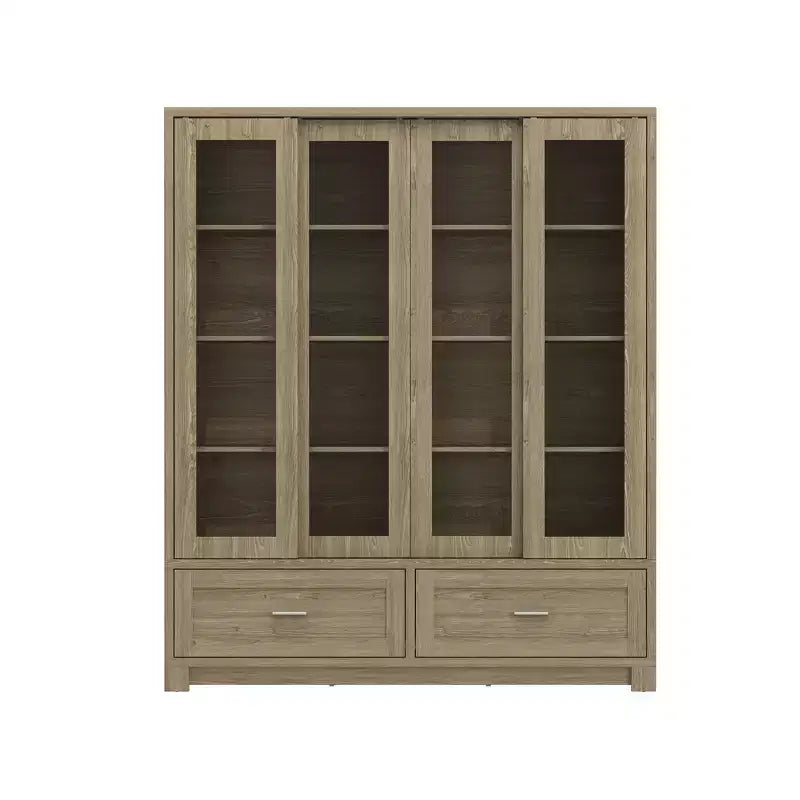 Bibliothèque-vitrine Famapy Chêne Clair : 63cm de large, Portes Coulissantes en Verre + Tiroir de Rangement Organisateur Spacieux pour Bibliothèques à Domicile et Salons