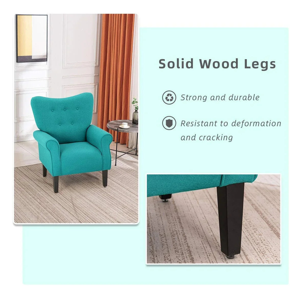 Fauteuil d'appoint moderne Erommy, fauteuil à dossier haut, canapé simple en tissu rembourré avec boutons et pieds en bois pour salon