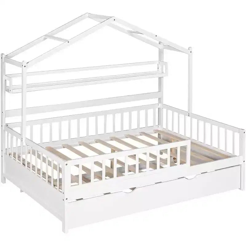 Acekool Lit cabane grandeur nature avec lit gigogne double, tiroirs de rangement et étagères, toit et clôture, lit plateforme pour enfants, blanc