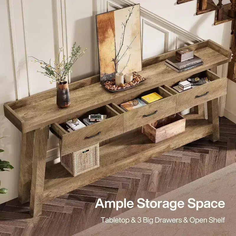 Table de canapé à 2 niveaux Lantine avec 3 tiroirs, console de 180 cm avec chicane surélevée et étagères de rangement pour salon, couloir, entrée