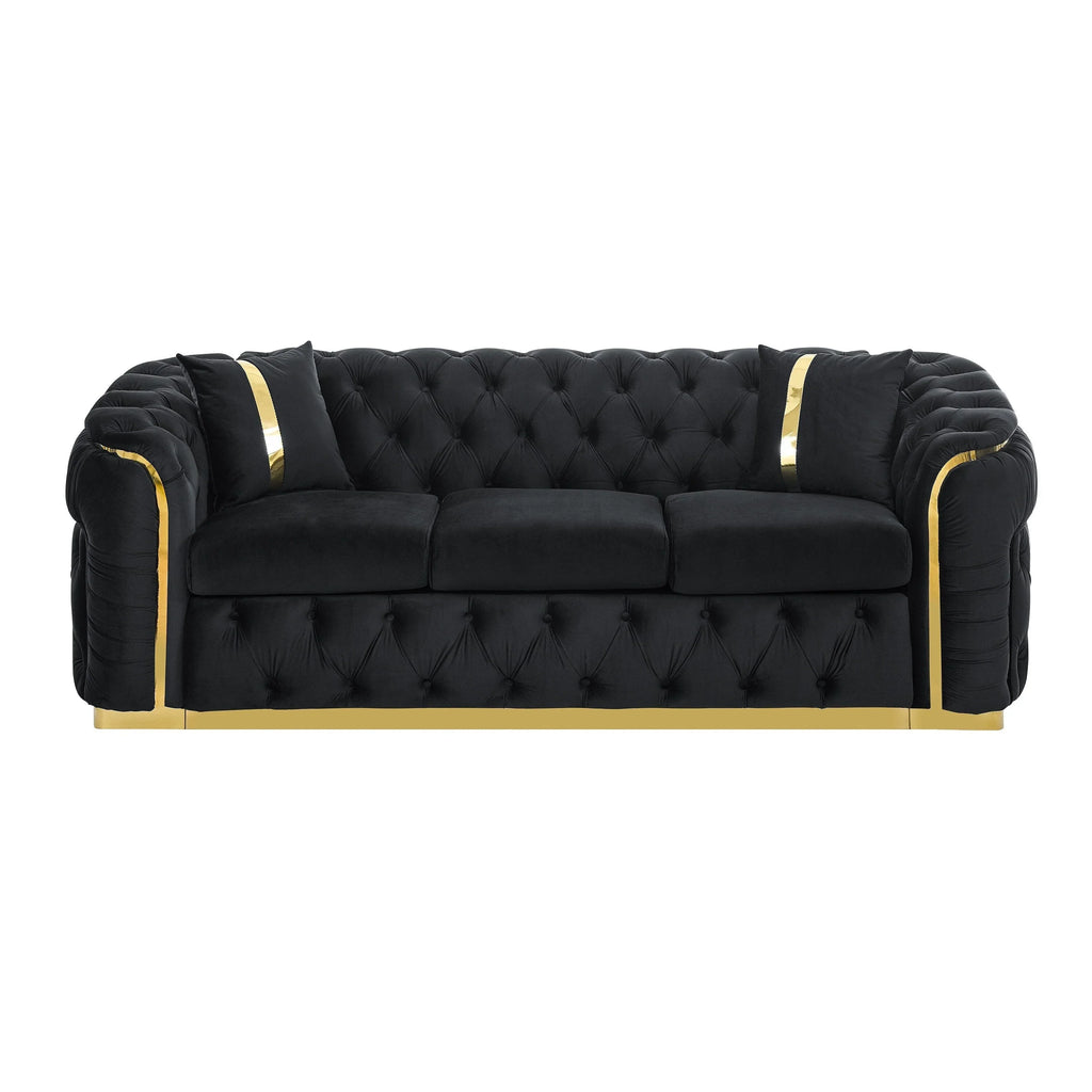 Canapé 3 places Velvet 90,6 po avec 2 oreillers, coussins haute densité, accents dorés et oreillers