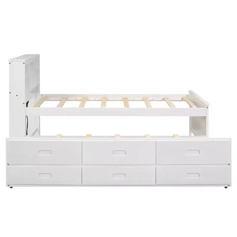 Lit plateforme avec lit gigogne et tiroirs, lit plateforme de rangement avec USB, lit plateforme en bois avec bibliothèque
