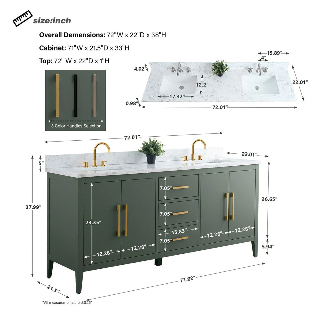 Meuble-lavabo de salle de bain Vanity Art 72 po à double vasque avec dessus en marbre reconstitué