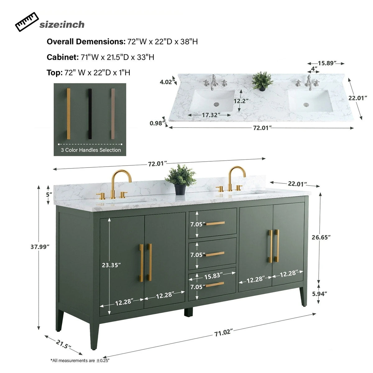 Meuble-lavabo de salle de bain Vanity Art 72 po à double vasque avec dessus en marbre reconstitué