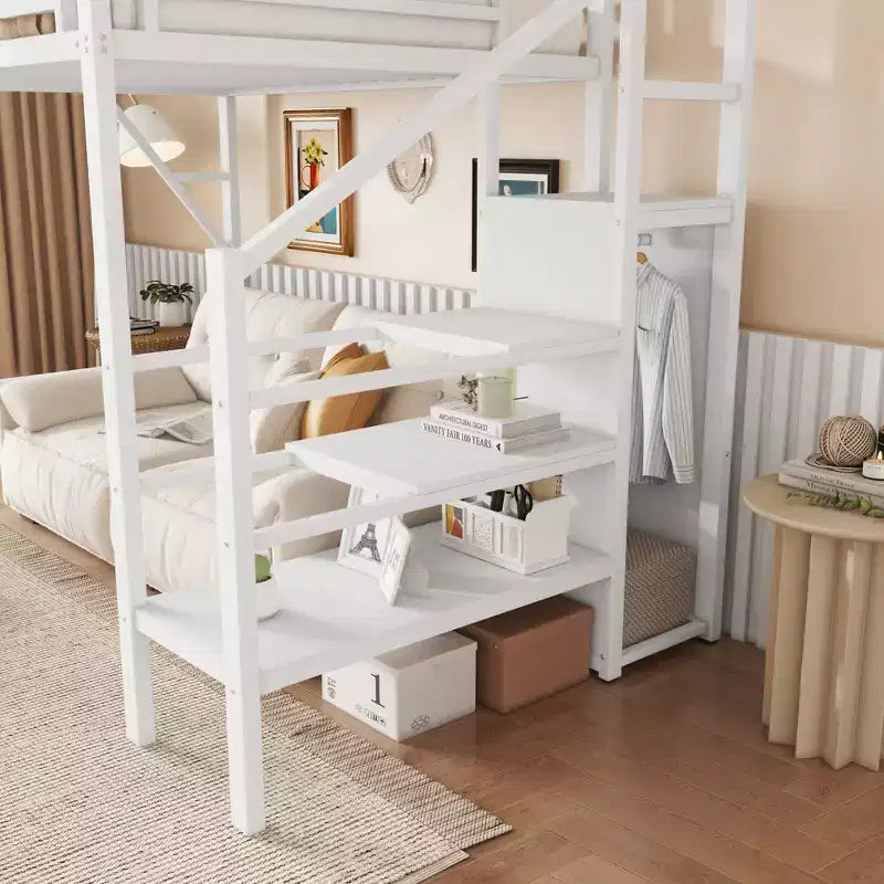 Lit mezzanine jumeau Okak 94IN avec armoire, lit jumeau avec étagères de rangement et panier, cadres de lit pour chambre à coucher, dortoir