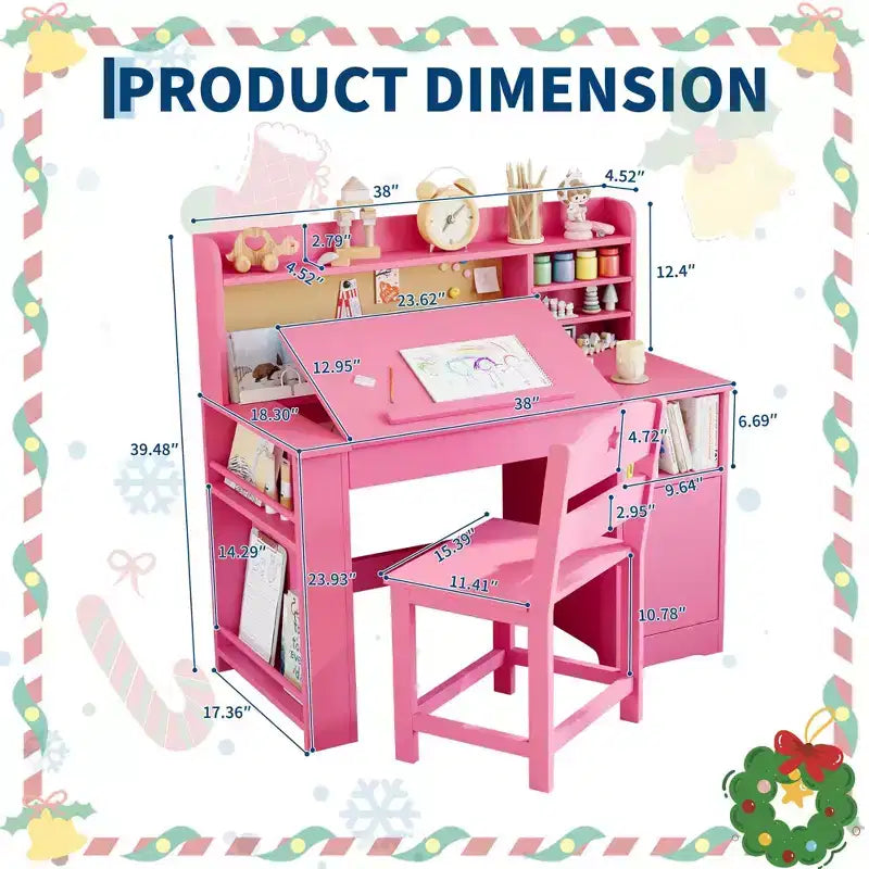 Bureau et chaise d'étude pour enfants avec rangement, bureau d'étude pour enfants avec étagère supérieure et inclinable, pour les 3-8 ans, table d'écriture pour chambre d'enfant