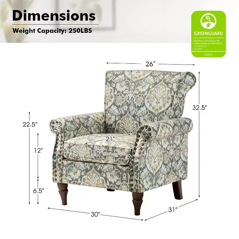 Fauteuil en bois traditionnel Araceli, rembourré à motifs floraux, avec dossier à oreilles et garniture cloutée | ART OF LIVING DESIGNS