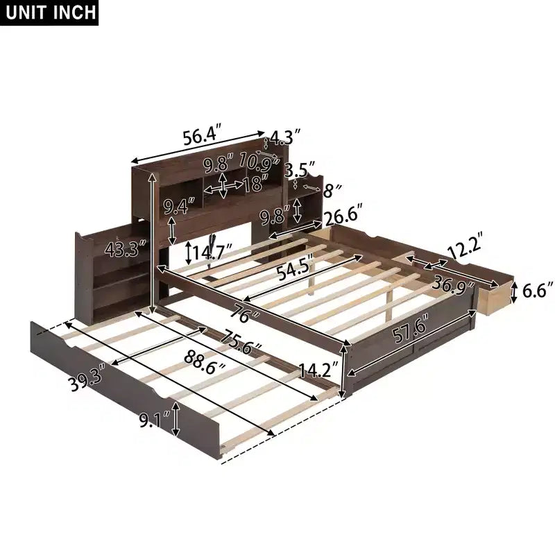 Lit plateforme complet avec lit gigogne, tête de lit bibliothèque et station de recharge, cadre de lit double en bois avec étagères et tiroirs