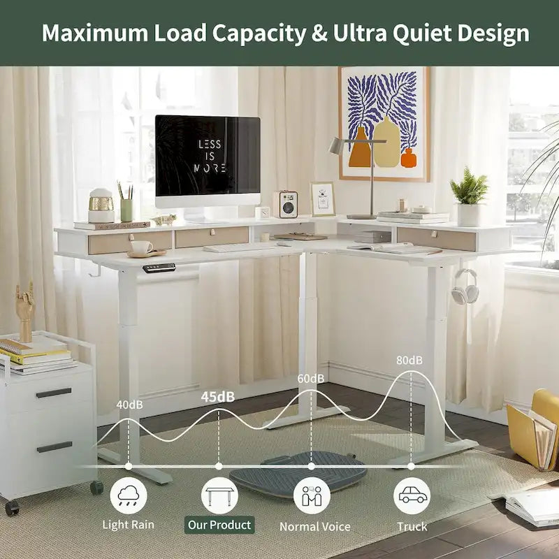 Bureau d'angle électrique debout avec 3 tiroirs et roulettes verrouillables, 160