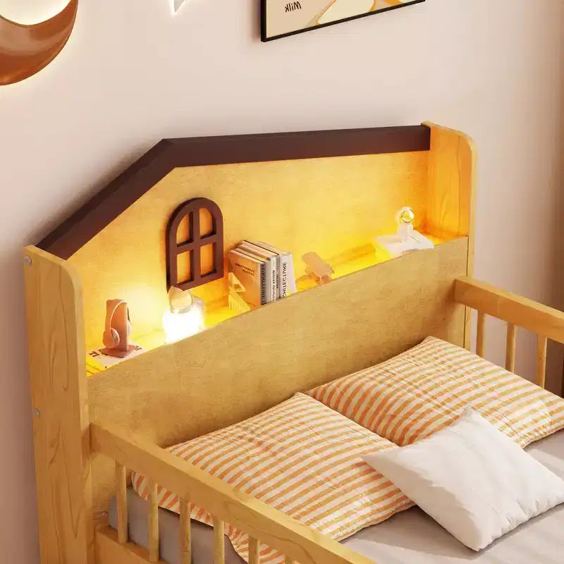 Lit mezzanine bas Whisen avec lumières LED, tête de lit en forme de maison et tiroirs de rangement, construction robuste