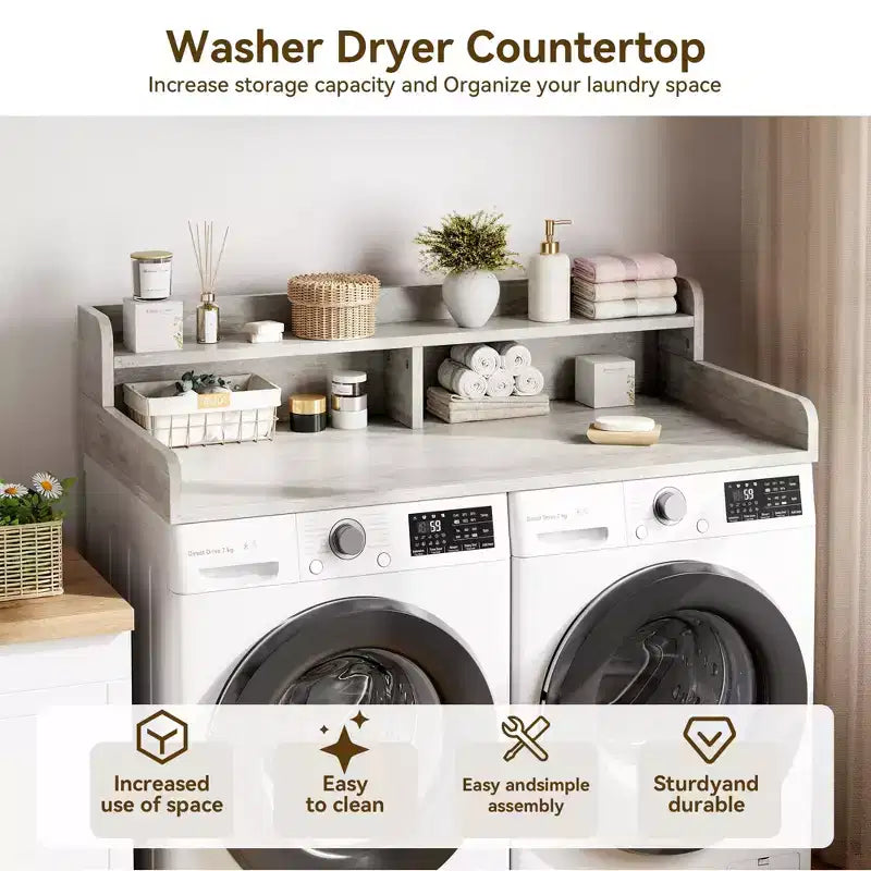 Comptoir de lave-linge et sèche-linge à 2 niveaux avec étagère ou tiroirs, couvercle de comptoir de buanderie avec coussin antidérapant, 54x27,5 - Dessus de lave-linge pour plier les vêtements