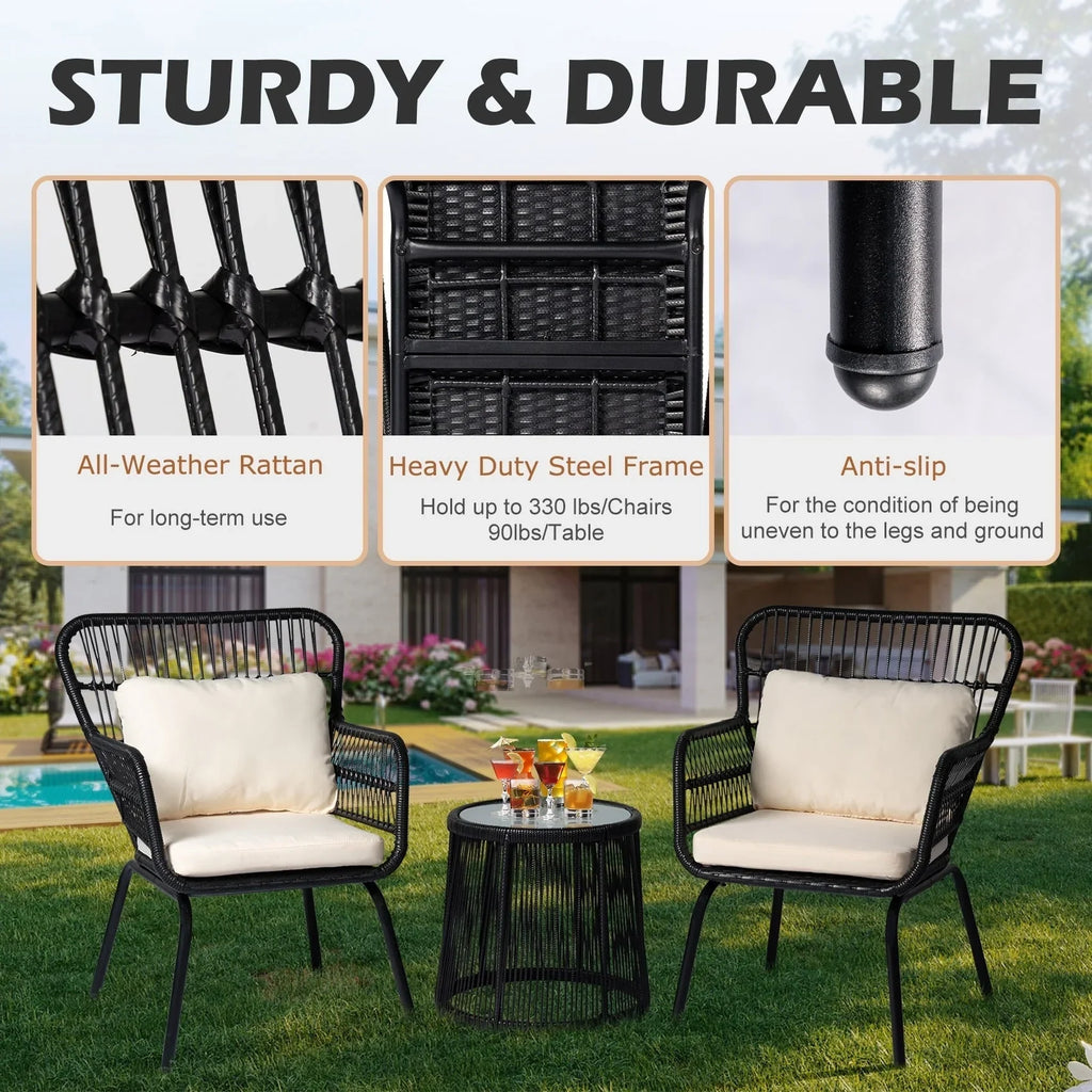 Ensemble bistrot 3 pièces en osier pour conversation, salon de jardin en rotin résistant aux intempéries avec coussins