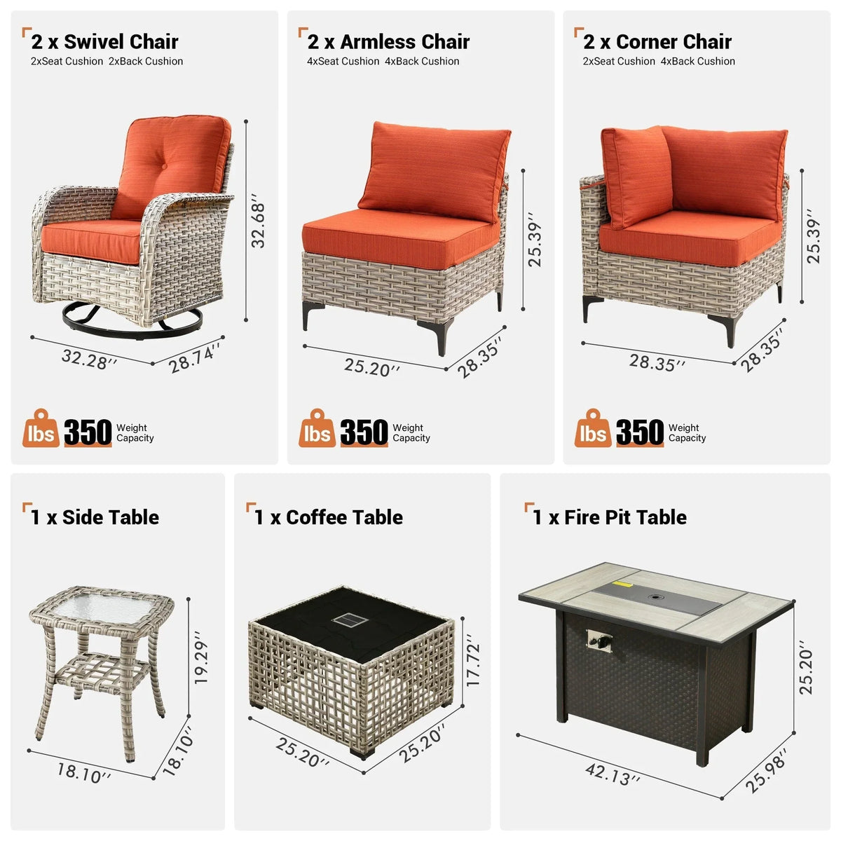 Ensemble de 9 chaises pivotantes en osier d'extérieur OVIOS avec table brasero