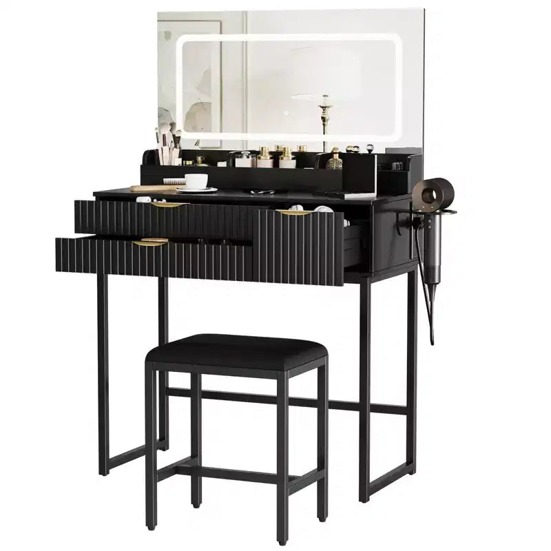 Coiffeuse avec miroir et lumières, miroir lumineux à LED, tiroirs de rangement spacieux pour produits cosmétiques et articles de toilette