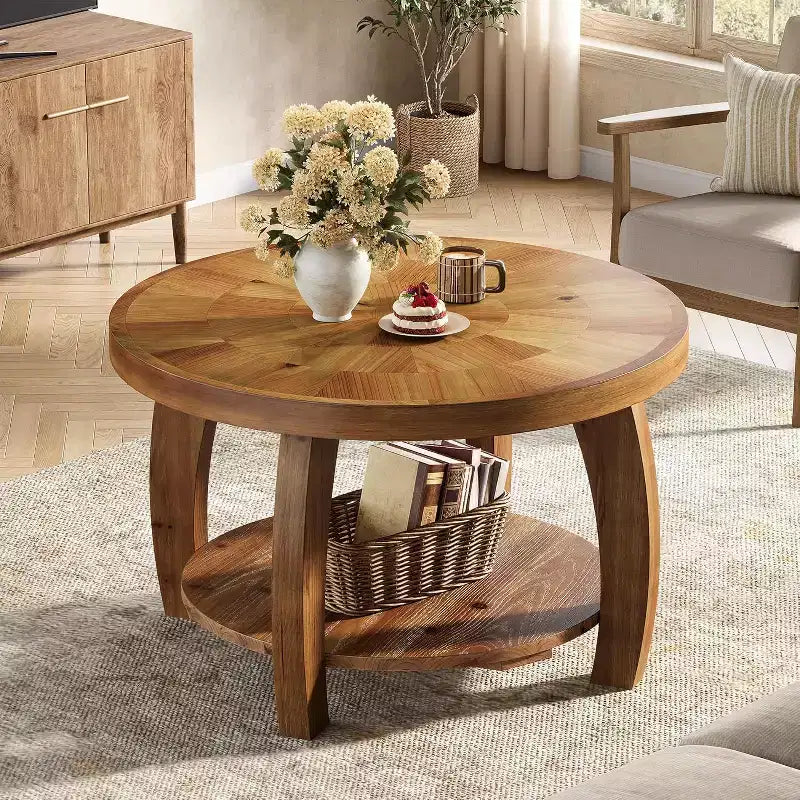 Table basse ronde en bois massif Lantine, table centrale à 2 niveaux avec rangement, plateau de 80 cm avec motif mosaïque, assemblage facile, pour salon, marron