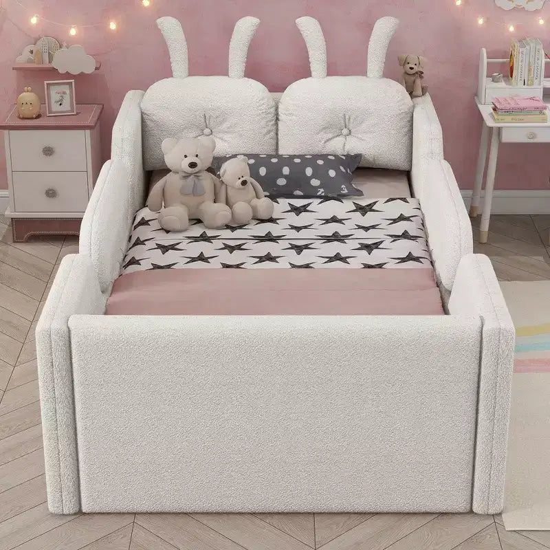 Lit plateforme double Whisen, cadre de lit rembourré pour enfants avec coussin lapin, barrières latérales amovibles