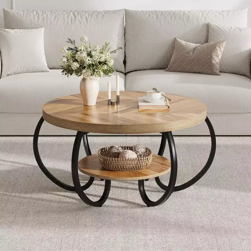 Table basse industrielle ronde de 30 pouces à 2 niveaux avec pieds réglables, étagère à grain de bois, motif flamme, assemblage facile, salon