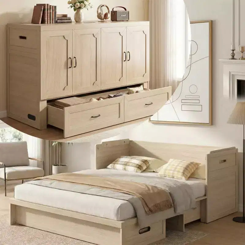 Lit escamotable convertible Queen Size Mjkone avec matelas, chargement USB, tiroirs de rangement