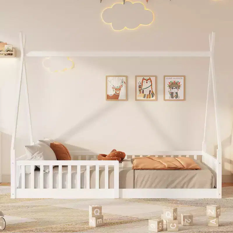 Lit de sol pour enfants, lits cabane doubles, lit de sol Montessori avec lattes et barrières de protection, cadre de lit cabane en bois pour garçons et filles