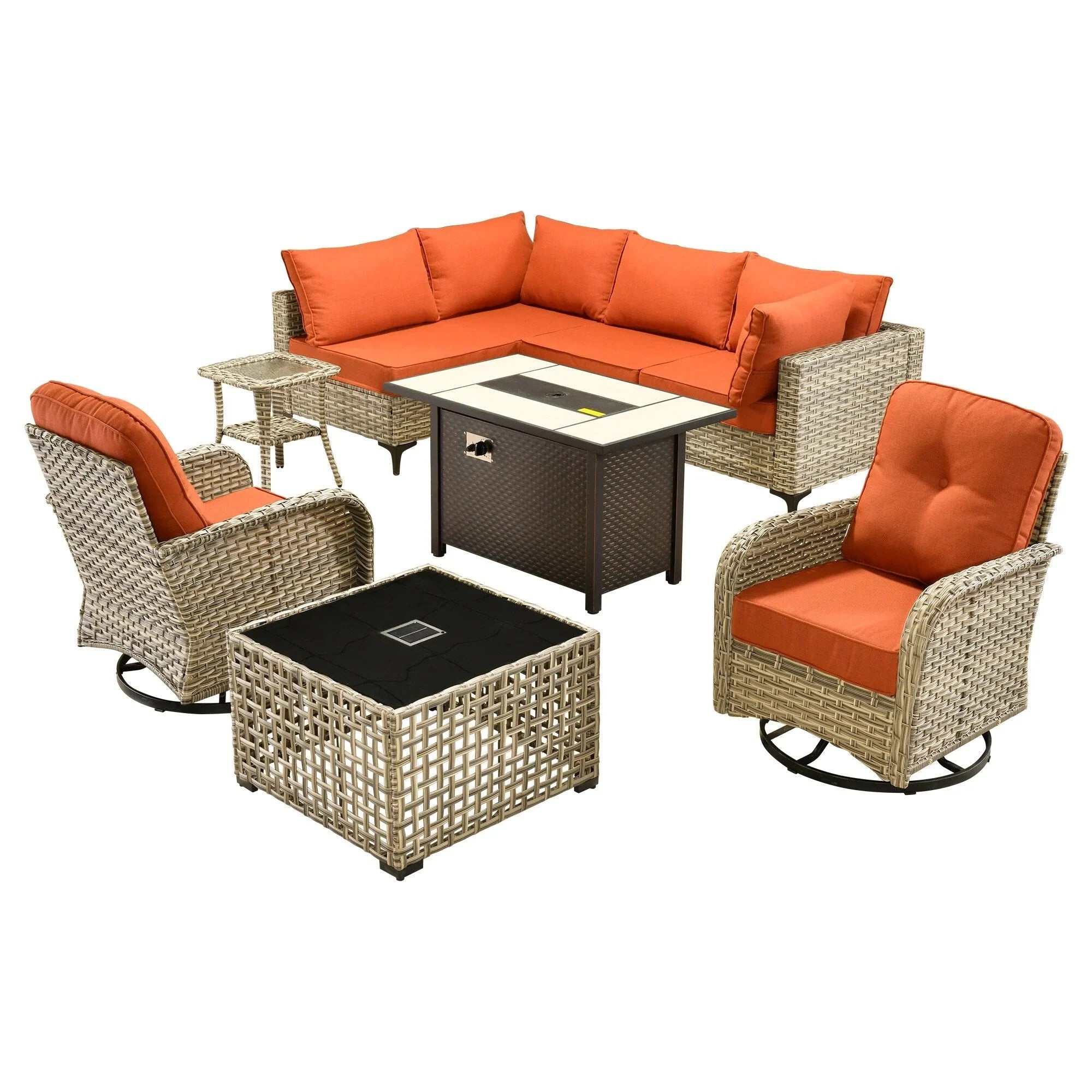 Ensemble de 9 chaises pivotantes en osier d'extérieur OVIOS avec table brasero