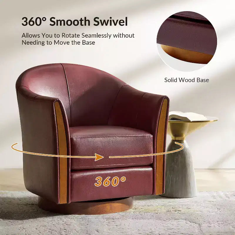Fauteuil club pivotant en cuir véritable Pocono avec piétement en bois massif, lot de 2Artful Living Design