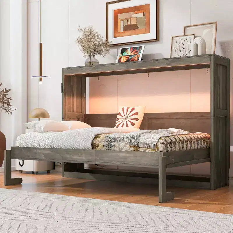 Lit escamotable double avec éclairage LED, peut être plié en armoire, armoire-lit murale dissimulée pour chambre d'amis